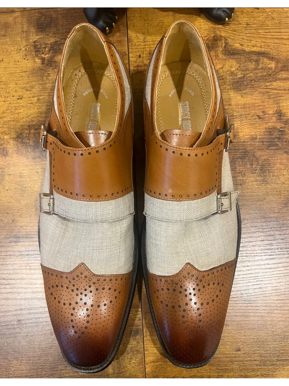 Stacy Adams Harper Double Monk-Strap Cognac Beige Leather & Canvas Shoes:Size 11